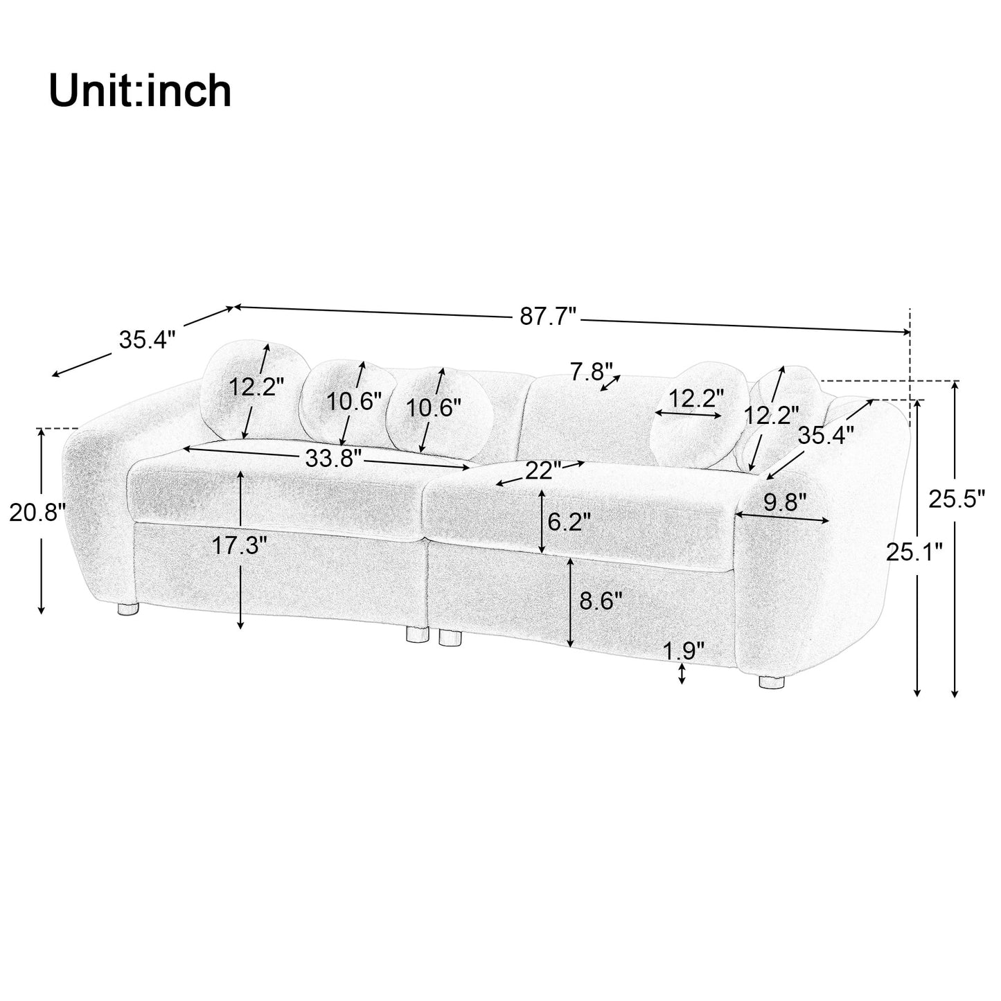 87" Loveseat Curved Sofa with 5 Pillows, Upholstered Teddy Fabric Couch for Living Room, Beige