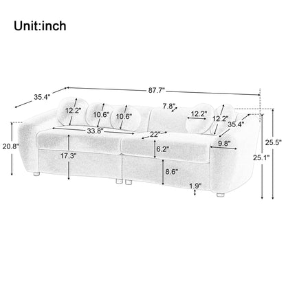 87" Loveseat Curved Sofa with 5 Pillows, Upholstered Teddy Fabric Couch for Living Room, Beige