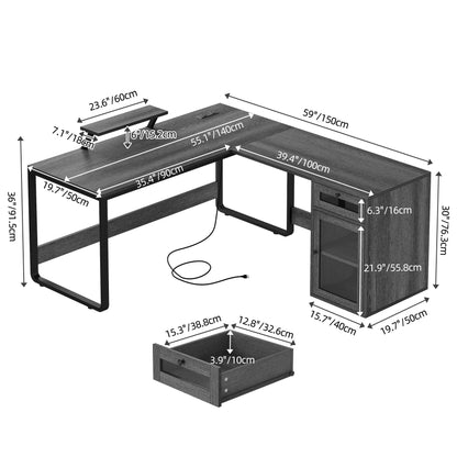 L Shaped Desk with Power Outlets & Drawer, Reversible Computer Desk with File Cabinet, Office Desk Corner Desk Gaming Desk with LED Lights & Monitor Stand, Gray