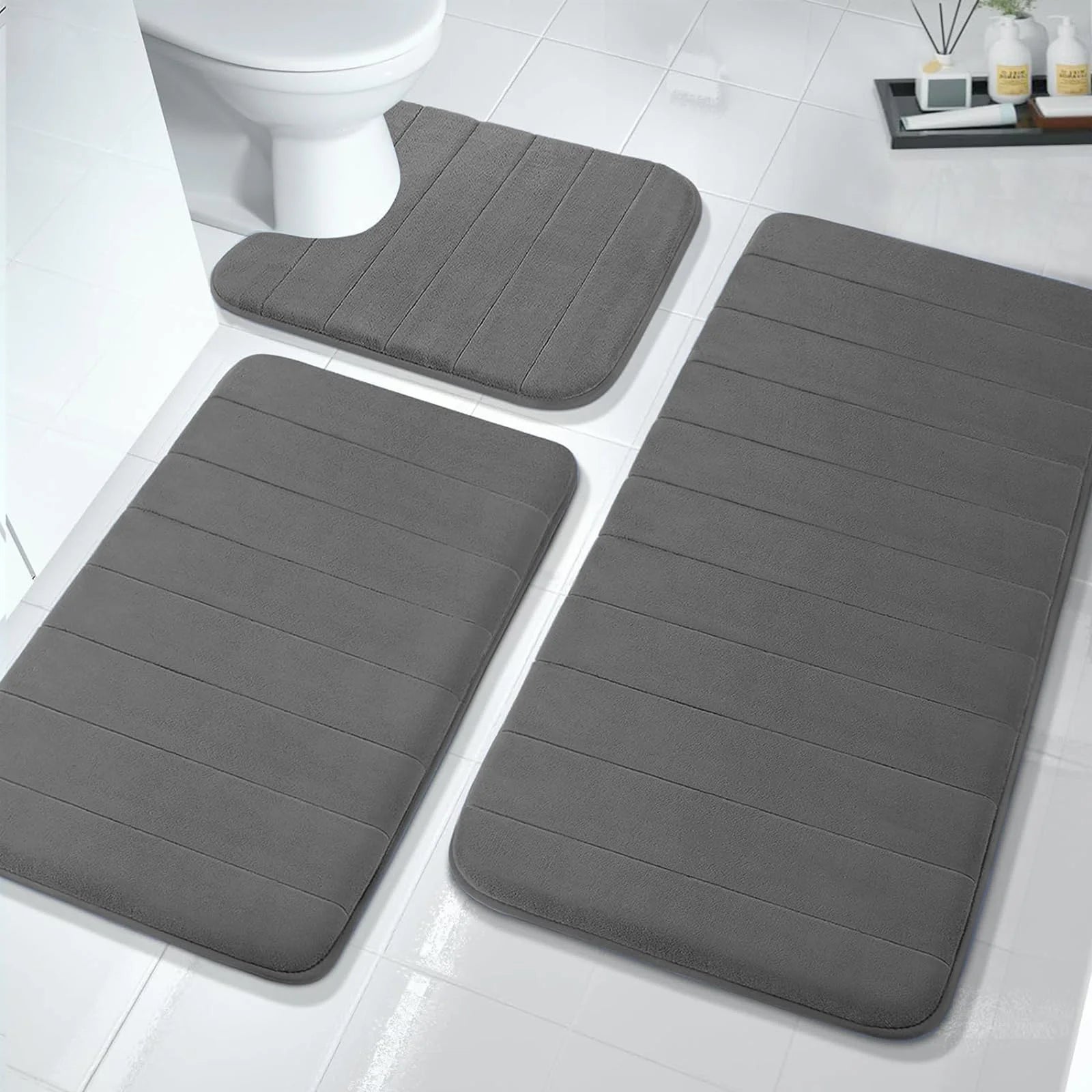 Memory Foam Bath Mat Set, Thicken, Absorbent, Non-Slip, Reboundable, 3 Pieces Extra Large Bathroom Rug 44.1"X24"+ 31.5"X19.8"+ U 24.4"X20.2" Carbon Grey