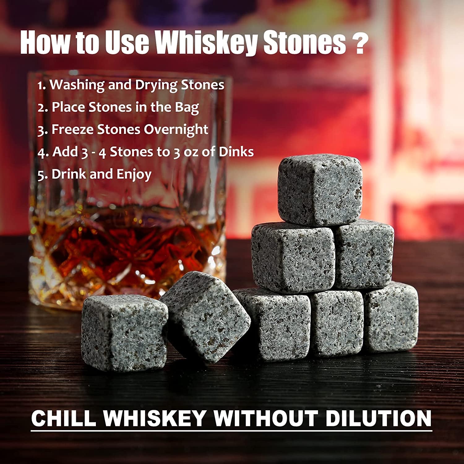 Whiskey Stones Gift Set - Whiskey Glass Set of 2 - Granite Chilling Whiskey Rocks - Scotch Bourbon Whiskey Glass Gift Box Set - Best Drinking Gifts for Men Dad Husband Birthday Party Holiday Present