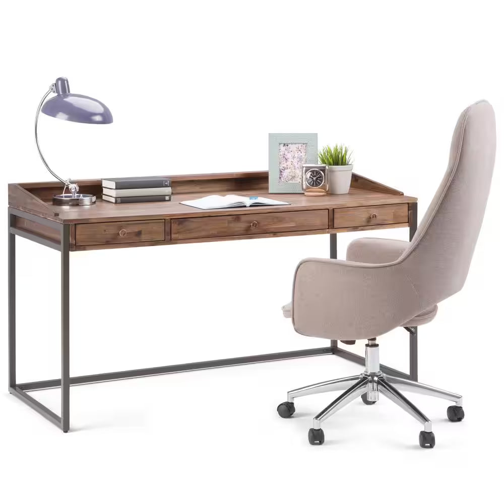 Ralston Solid Acacia Wood Modern Industrial 60 In. Wide Writing Office Desk in Rustic Natural Aged Brown