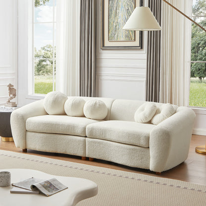 87" Loveseat Curved Sofa with 5 Pillows, Upholstered Teddy Fabric Couch for Living Room, Beige